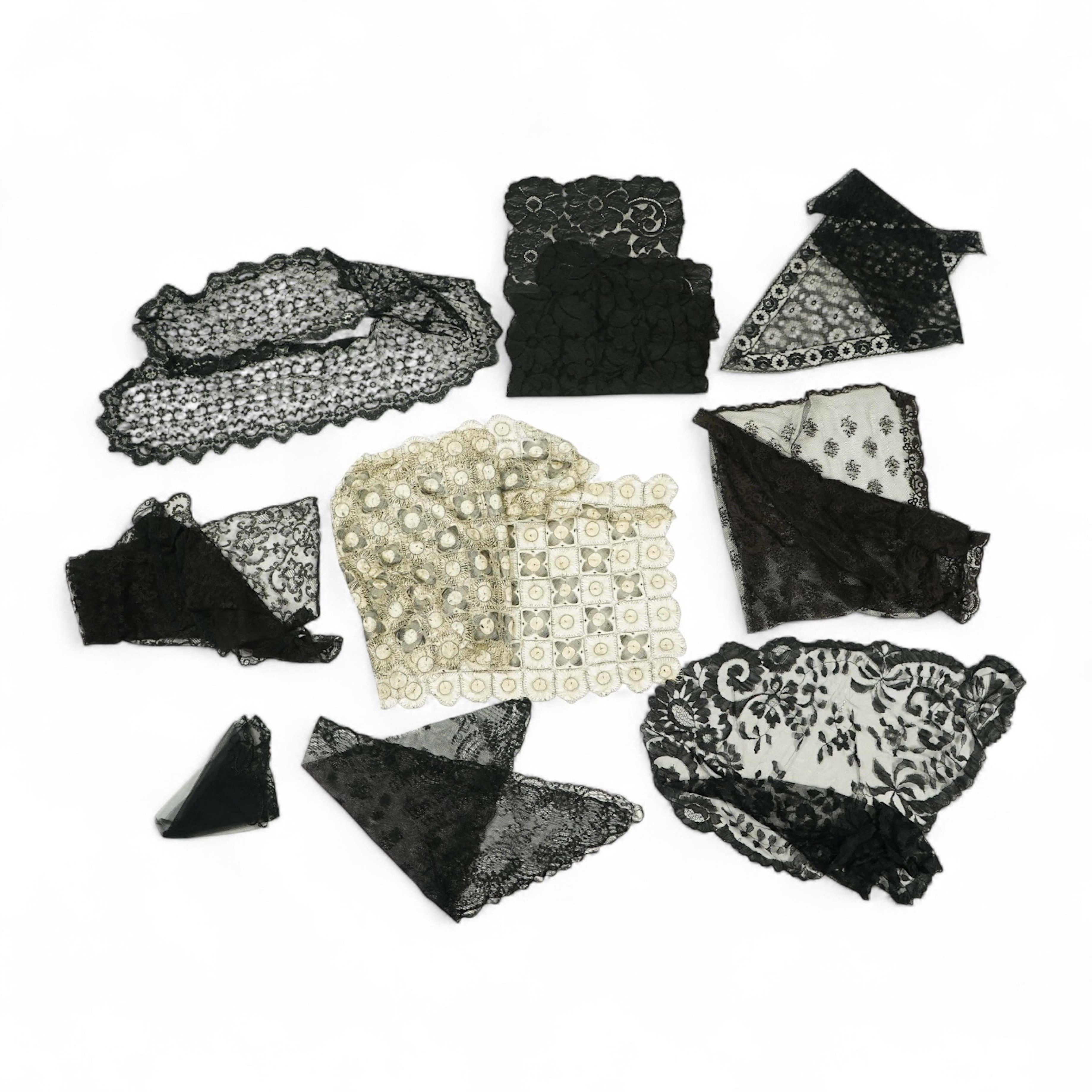 A fine cream and black silk ‘tatting’ stole, two black silk stoles, two bonnet veils and various collars and small triangular mantilla etc. Condition - some damage to bonnet veil., Tatting stole 184cm long.